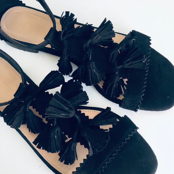 J. Crew Women's 7.5 Black Suede Tassel Sandal Flat T Strap Square Toe - Picture 3 of 9